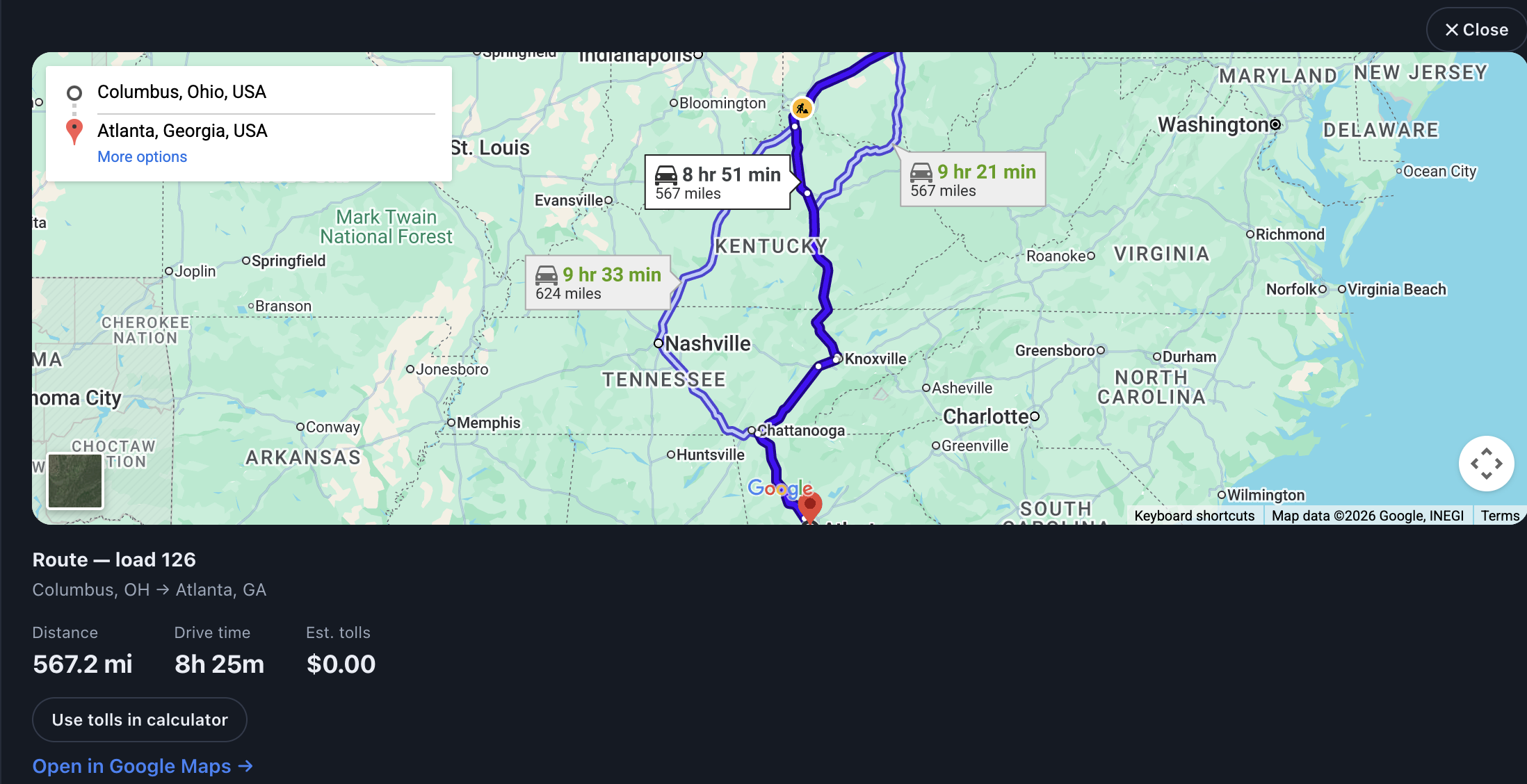 SortHaul route view showing the map, distance, drive time and toll estimate for a load